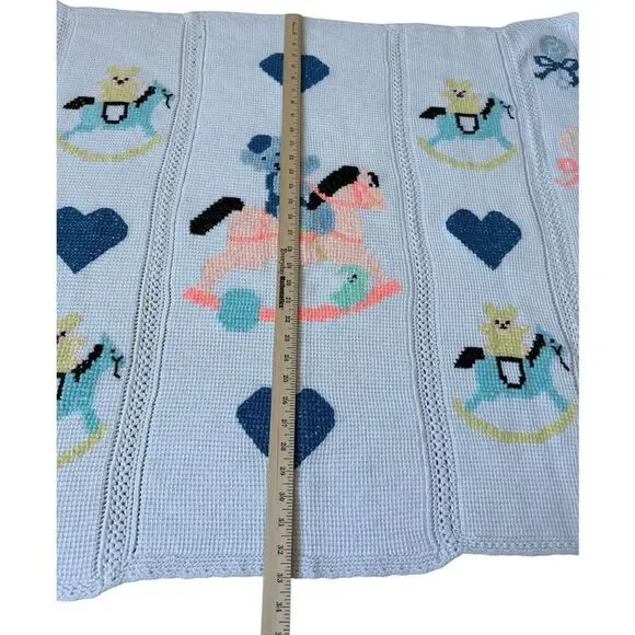 Vintage Baby Blanket Hand Knit Handmade Rocking Horse Hearts Heirloom Nursery 33 - Picture 4 of 5